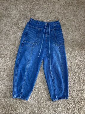 High-Waist Drawstring Denim Cargo Pants - Blue